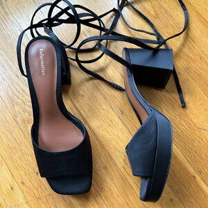 Reformation Black Satin Magda Ankle Tie Platform Sandals Size 8